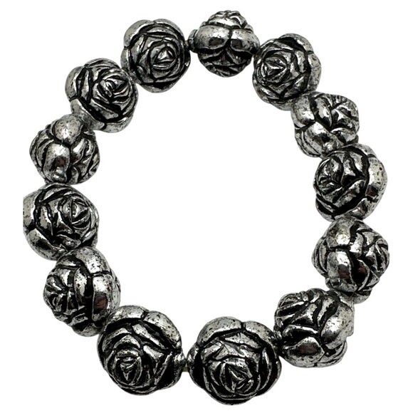 Coquette Rose Antiqued Silver Bead Bracelet Acrylic Flower Floral Granny Sweet - Picture 1 of 4